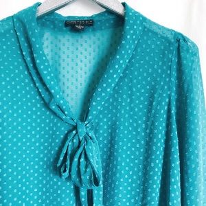 F21 sheer swiss dot turquoise tie neck blouse